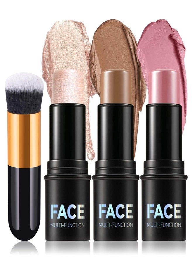 JunKuJK 3Pcs Cream Contour Stick Makeup Kit with Makeup Brush,Shades with Highlighter,Brush Stick,Cream Bronzer for Sculpt the Cheeks,Long-lasting Waterproof Lightweight Contour Set - Image 1
